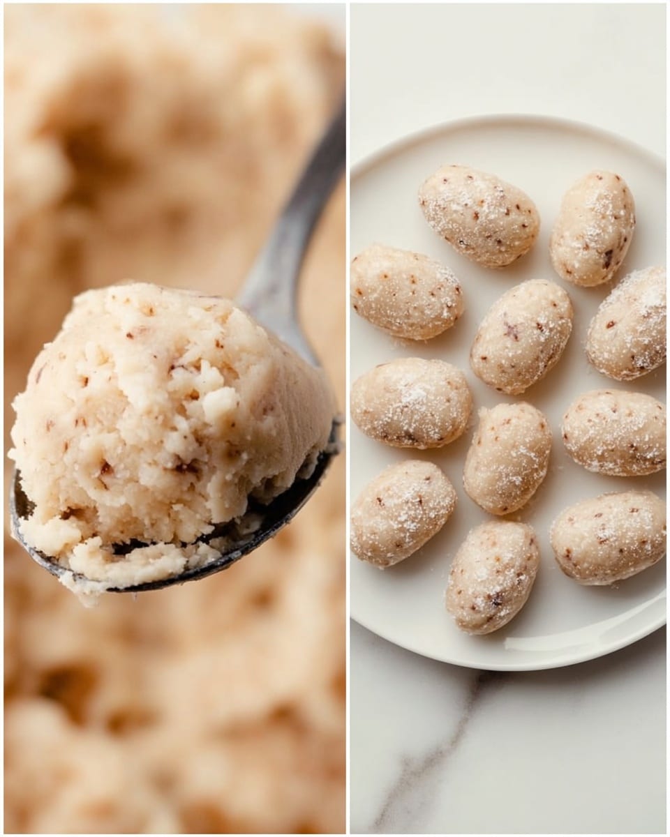 The image shows two parts: on the left, a close-up of a metal spoon holding a scoop of light beige dough with a slightly rough texture, small dark specks, and a soft, moist appearance. The background is filled with more of the same dough, blurred. On the right, there are about fifteen small, oval-shaped dough pieces placed on a white plate with a smooth surface, spaced evenly, each piece looking slightly rough and dusted with a little flour. The plate sits on a white marbled surface. photo taken with an iphone --ar 4:5 --v 7