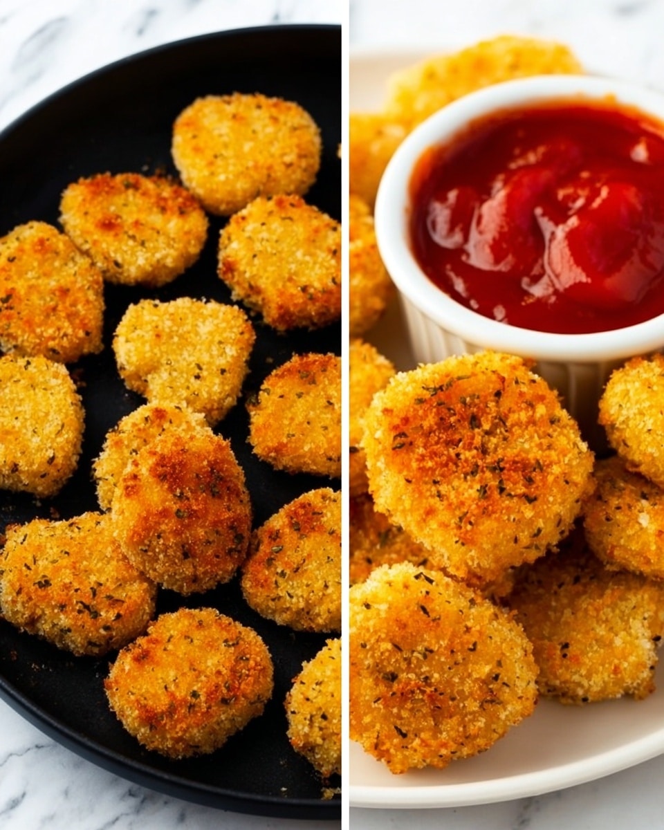 The image shows two views of small, round, golden-brown nuggets with a crisp, textured coating. On the left, the nuggets are spaced out on a black pan, showing a slight uneven browning on each piece. On the right, several nuggets are stacked on a white plate with a small white dish filled with bright red dipping sauce placed beside them. The nuggets have a crunchy, crumbly outside, and their color ranges from light golden to deeper brown spots, indicating they are freshly cooked. The background is a white marbled surface. photo taken with an iphone --ar 4:5 --v 7