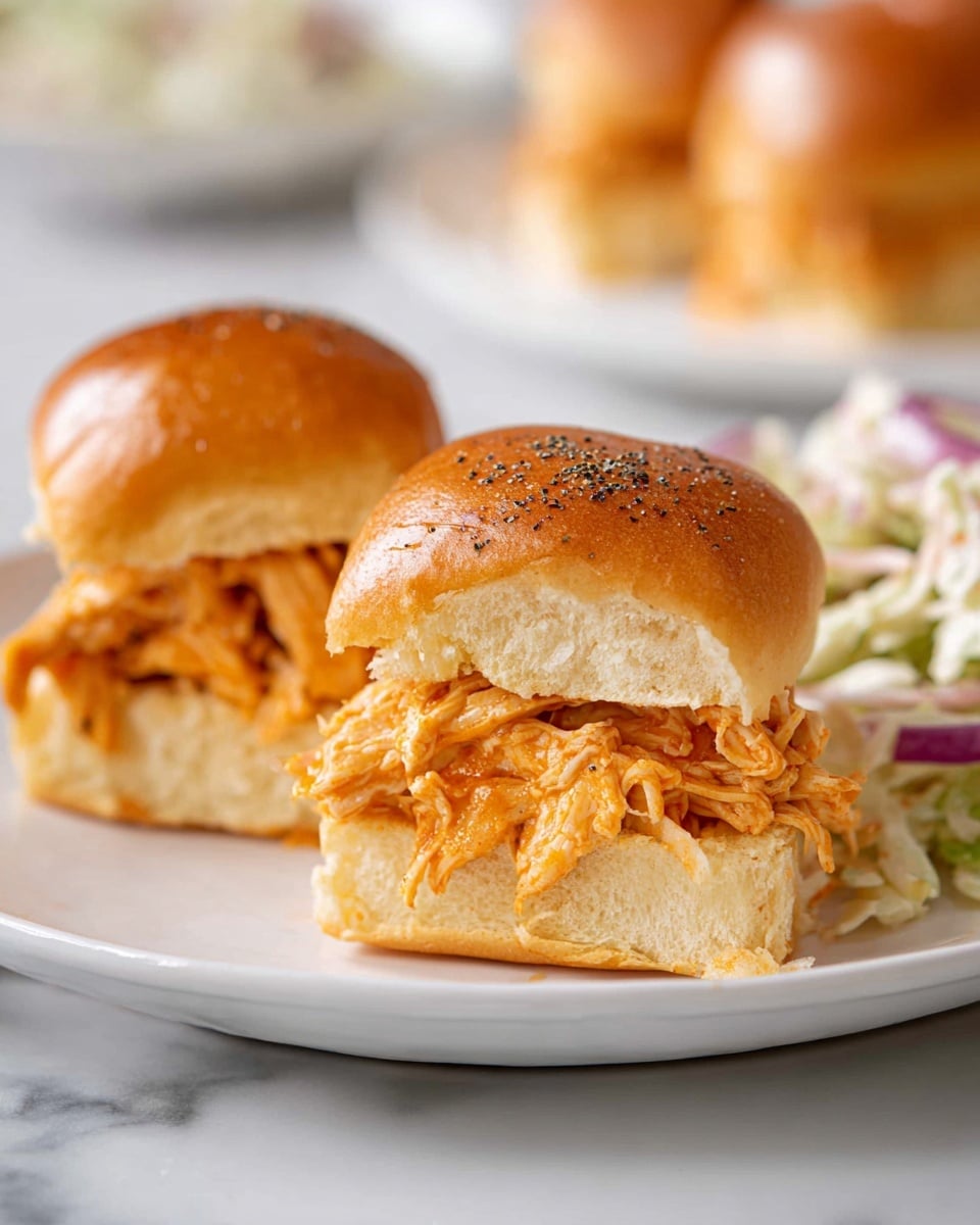The image shows a close-up of two small sandwiches on a white plate, placed on a white marbled surface. Each sandwich has two layers: a shiny, golden-brown, soft bun top sprinkled lightly with black pepper, and a layer of shredded orange-colored chicken filling that looks tender and slightly saucy, sitting inside the bun. The sandwiches are round and squared, with the chicken filling slightly spilling out from the sides. In the background, there is a hint of a side dish with creamy coleslaw featuring green cabbage and thin red onion slices, partially visible. Photo taken with an iphone --ar 4:5 --v 7