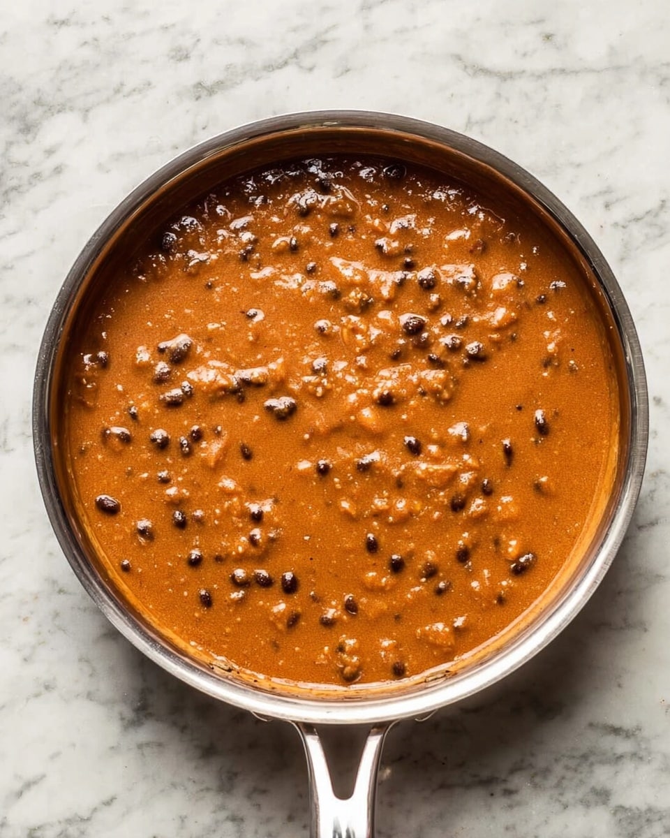 A round silver pan on a white marbled surface holds a thick orange-brown sauce with visible small dark brown beans spread evenly throughout. The sauce has a smooth but slightly chunky texture, filling the pan almost to the top, and the pan handle extends left. photo taken with an iphone --ar 4:5 --v 7