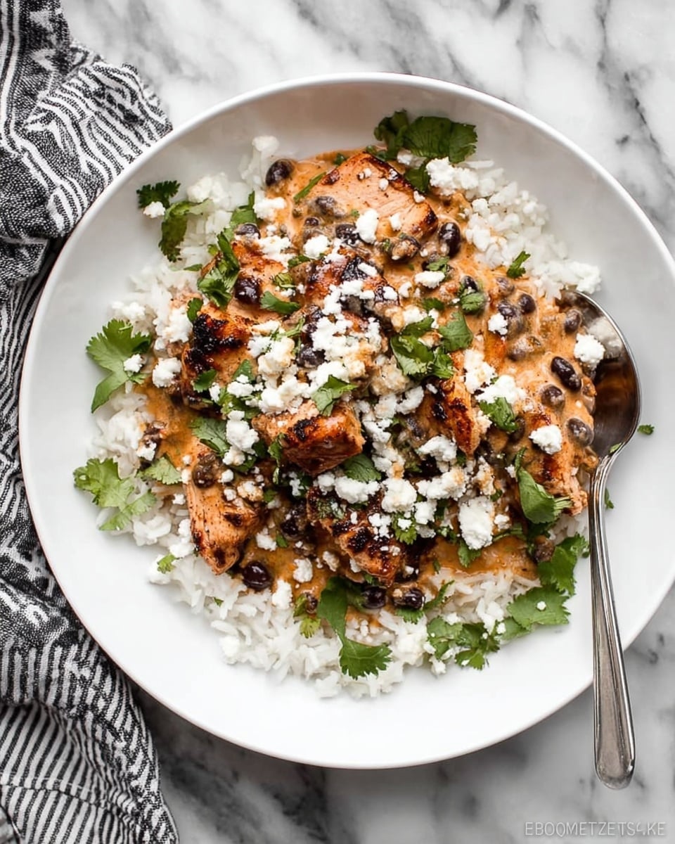 The dish shows a white plate filled with a layer of fluffy white rice at the bottom, topped with slices of browned, lightly charred chicken. Over the chicken, there’s a creamy sauce mixed with black beans, adding a speckled dark texture over the orange sauce. Crumbled white cheese is scattered on top along with fresh green cilantro leaves. A metal spoon rests on the side of the plate. The plate is placed on a white marbled surface with a black and white striped cloth partially visible to the left. Photo taken with an iphone --ar 4:5 --v 7