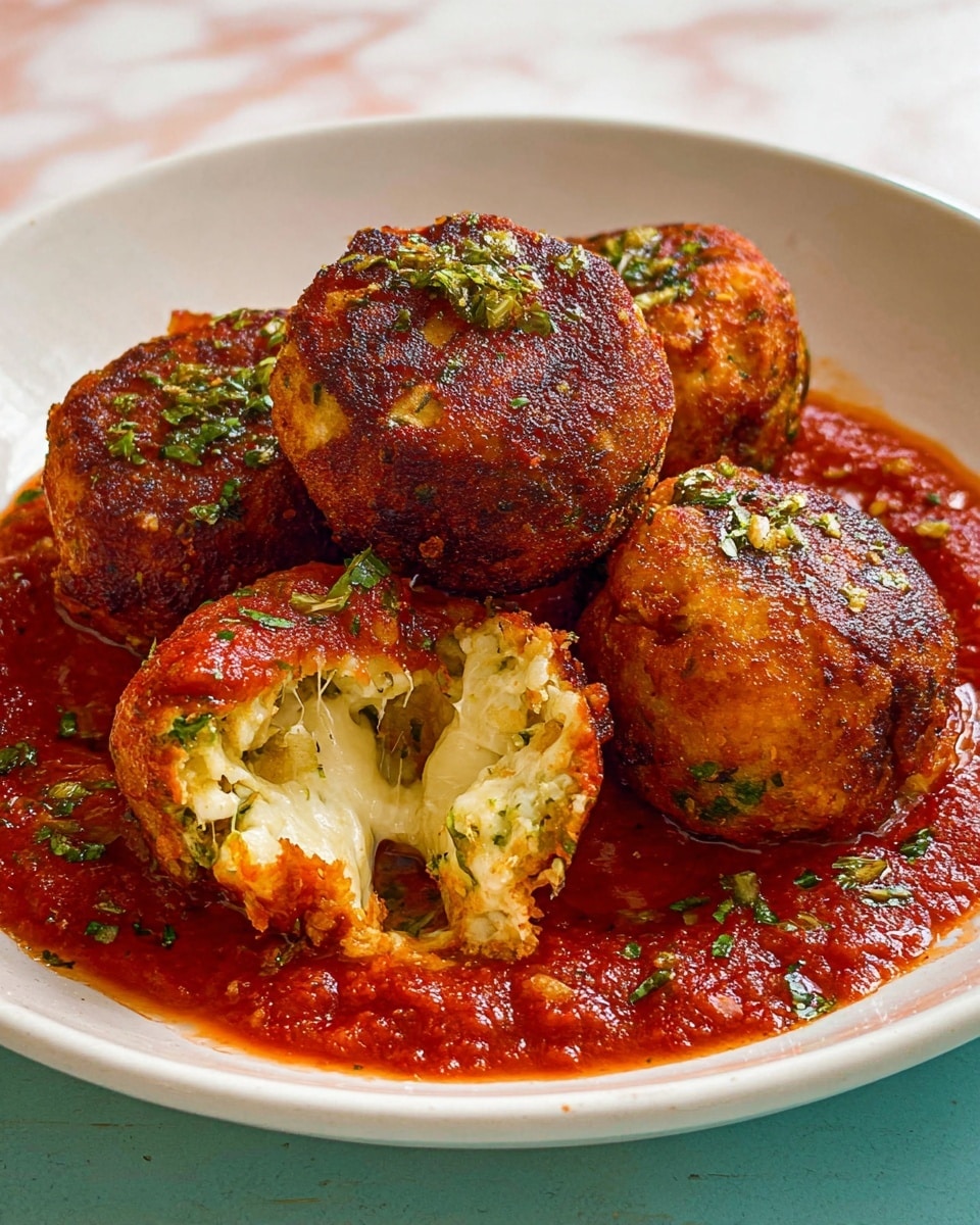 A white plate holds five golden-brown fried balls covered in red tomato sauce, with some green herb pieces sprinkled on top. The balls have a crispy outer layer with hints of green herbs mixed inside. One ball is open, showing a stretchy white cheese inside surrounded by a soft, textured, light golden interior with green bits. The tomato sauce is thick and spread around the balls, pooling at the base. The background surface has a white marbled texture. Photo taken with an iphone --ar 4:5 --v 7