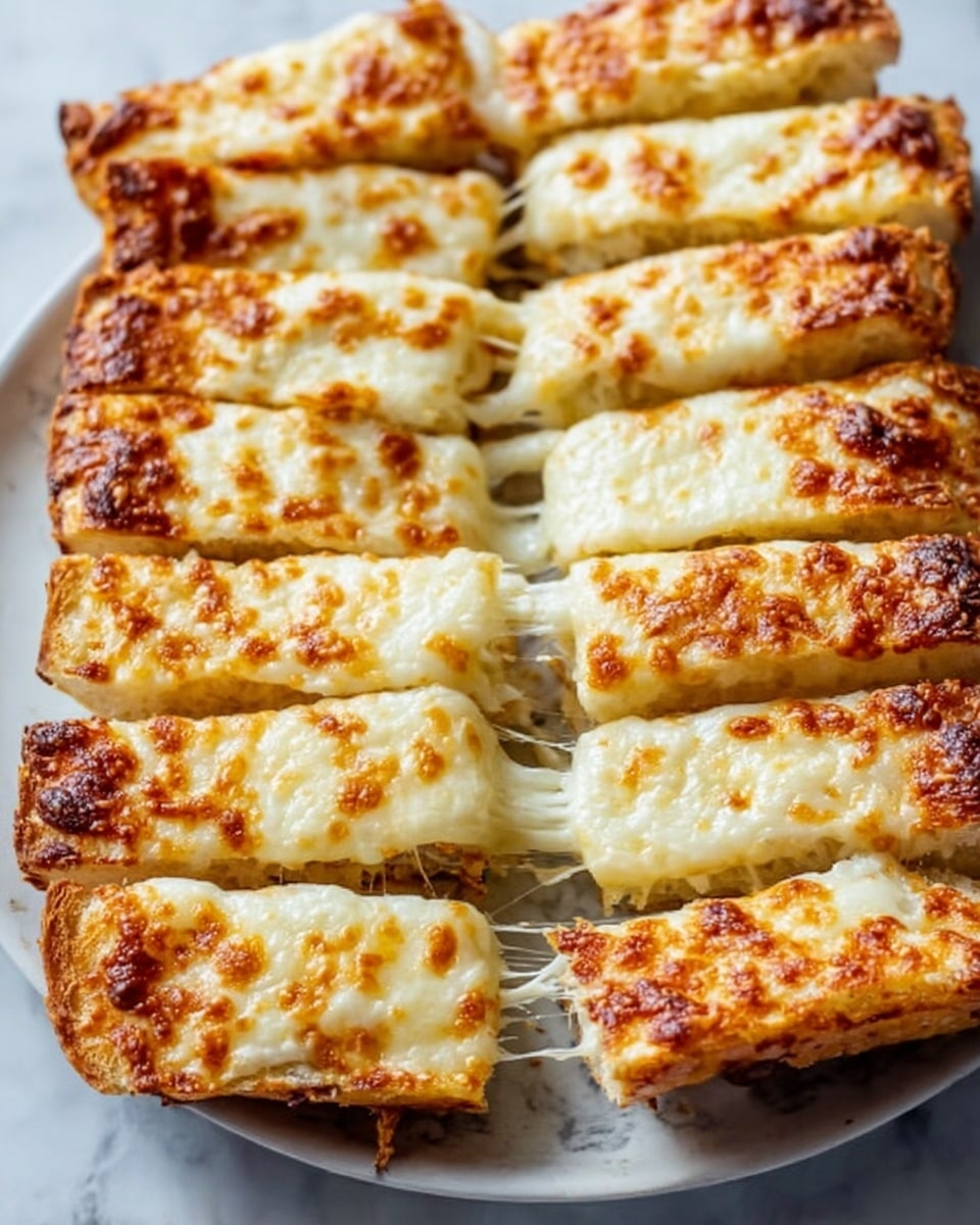 The image shows a white plate filled with 14 rectangular slices of melted cheese bread arranged in three rows. Each slice has a crispy golden-brown top layer of melted cheese that covers the entire surface, shining with soft melted strings stretching between some pieces. The crust edges are slightly darker and crispy, giving a textured look to each piece. The cheese layer is thick and bubbly, and the bread underneath appears soft and hidden under the cheese. The plate sits on a white marbled surface, and the image focuses closely on the bread pieces, showing their texture clearly. Photo taken with an iphone --ar 4:5 --v 7