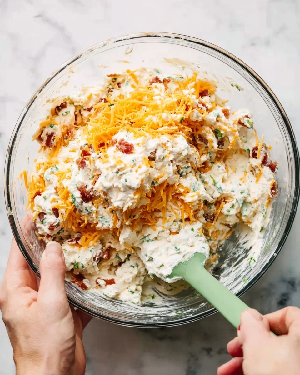 A clear glass bowl sits on a white marbled surface, filled with a mixture of shredded orange cheddar cheese and creamy white cottage cheese. The contents show some clumps of cheese blending with a soft white creamy layer mixed with small bits of green herbs and reddish-brown bacon pieces. A green spatula held by a woman's hand is stirring the mixture, spreading the various layers evenly within the bowl. Another woman's hand is steadying the bowl from the side. The overall look is rich with orange and white colors swirling together, with small colorful bits adding texture. photo taken with an iphone --ar 4:5 --v 7