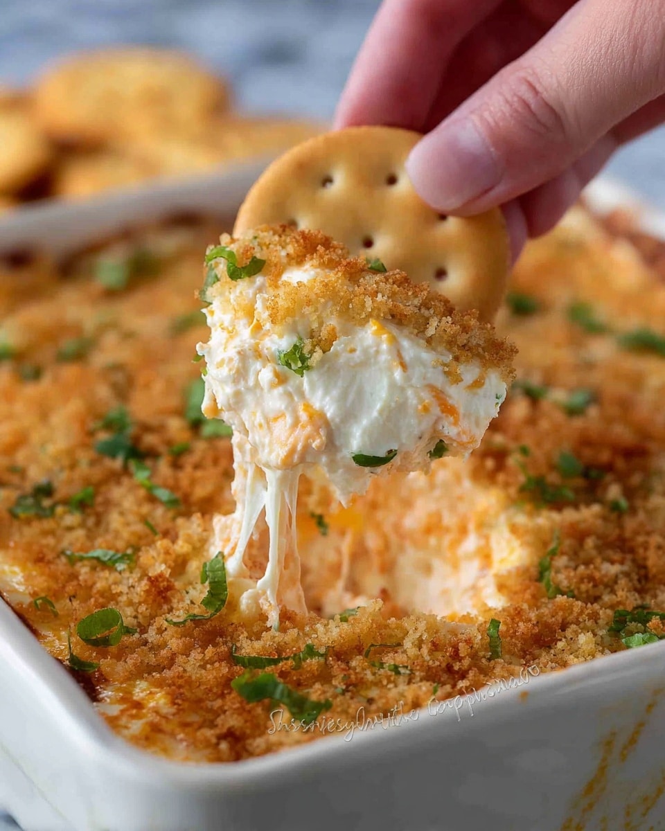 A close-up of a white rectangular dish filled with a creamy, three-layer dip. The bottom layer is light orange, smooth and thick. The middle layer is white and creamy. The top layer is golden brown with a crunchy, breadcrumb-like texture and sprinkled with small green herbs. A woman's hand is holding a round, light brown cracker with holes, dipped into the creamy layers, pulling out some cheese strands stretching down from the dish. The dish sits on a white marbled surface. Photo taken with an iphone --ar 4:5 --v 7