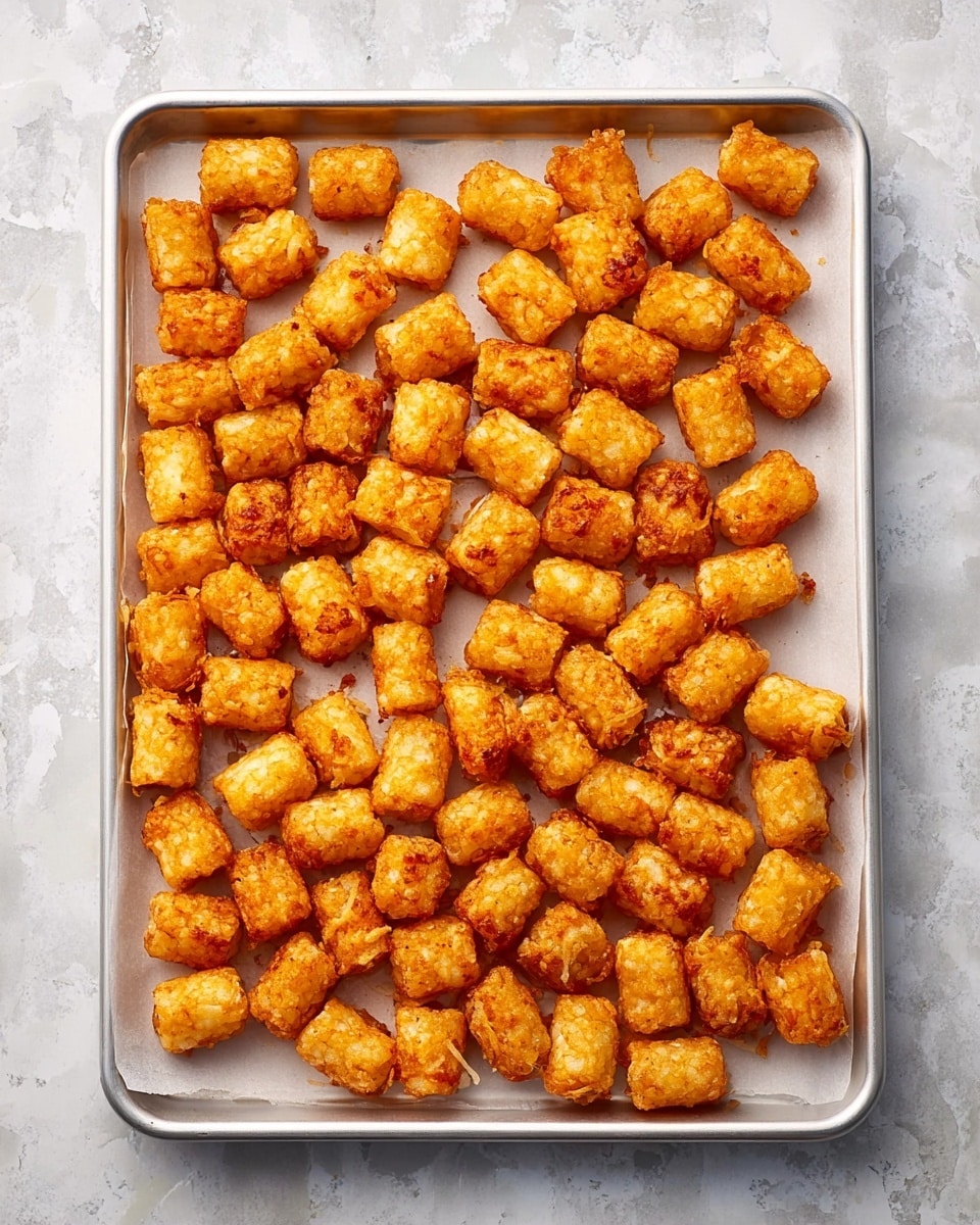 A metal baking tray lined with white parchment paper is filled with many small, golden-brown, crispy tater tots scattered evenly across the surface. Each tater tot is cylindrical with a crunchy textured outside showing slight browning on all sides. The tray sits on a white marbled surface that adds a clean and bright background. The lighting highlights the warm orange and yellow tones of the crispy tots, making them look hot and ready to eat photo taken with an iphone --ar 4:5 --v 7