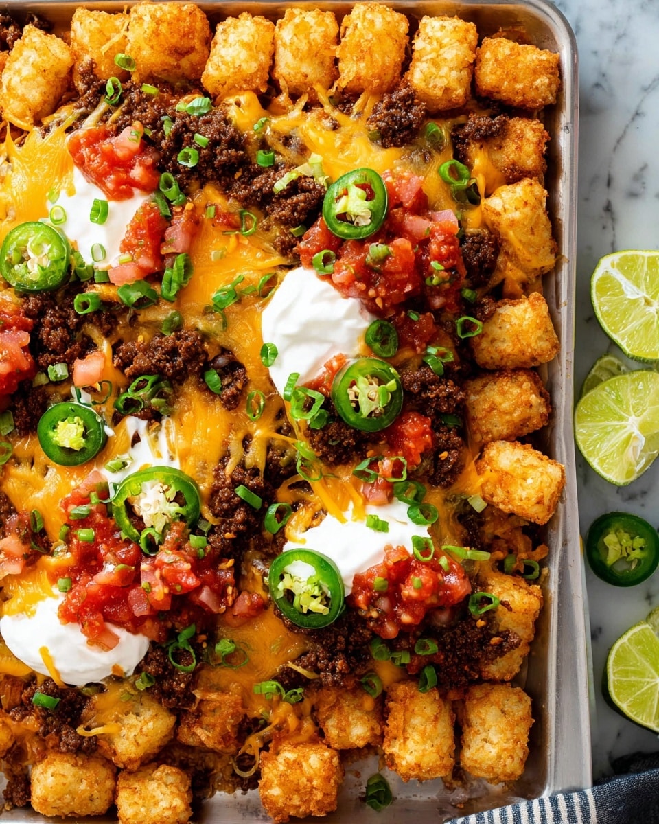The dish on a white plate has three main layers. The bottom layer is made of golden brown tater tots, evenly spread and crispy. The middle layer has browned ground meat scattered over the tater tots, mixed with small diced onions and green sliced jalapeños. The top layer is melted yellow cheddar cheese that covers most of the meat and tots, with a small pile of bright red diced tomatoes and green chopped scallions in the center. A silver fork is picking up a portion from the right side of the plate. Nearby, there are lime wedges and a small bowl of green scallions on a white marbled surface. Photo taken with an iphone --ar 4:5 --v 7
