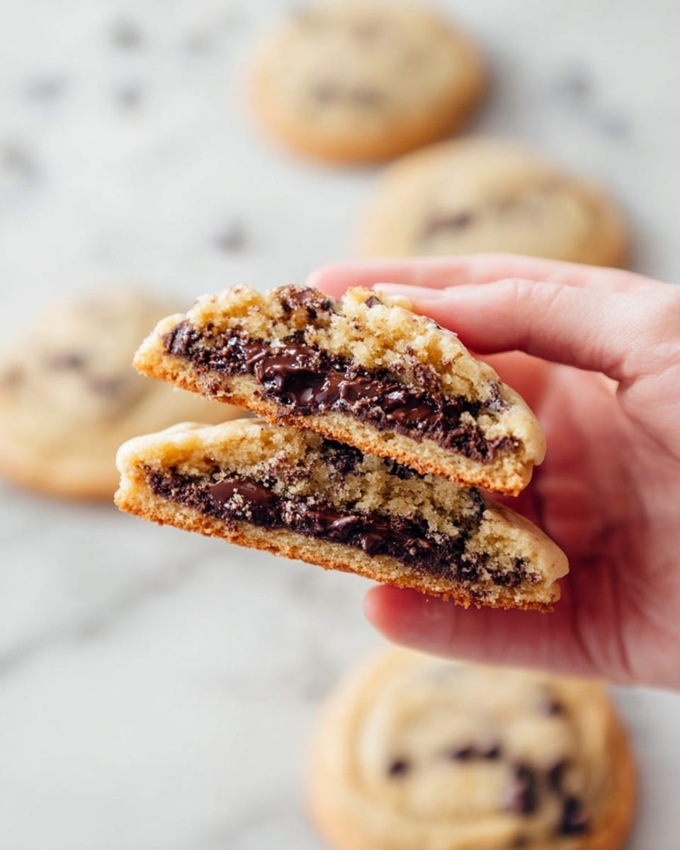 A woman's hand is holding a cookie broken in half showing three layers: a light golden brown outer layer with a soft texture, a thick dark chocolate center layer, and small pieces of melted chocolate chips scattered inside. In the background, more whole cookies with the same light golden top layer are placed on a white marbled surface. The scene is brightly lit, highlighting the contrast between the cookie's soft dough and rich dark filling. photo taken with an iphone --ar 4:5 --v 7