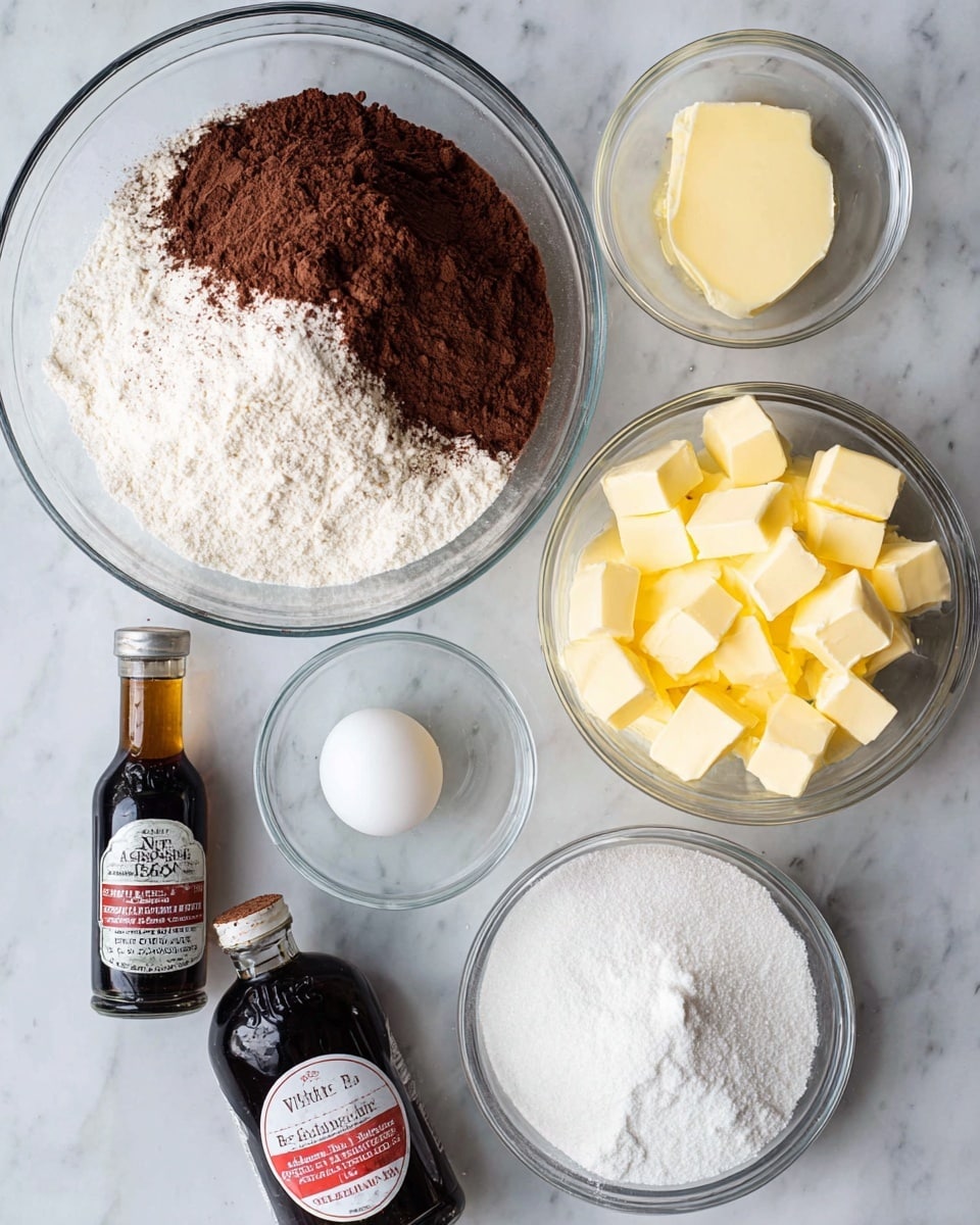 The image shows baking ingredients arranged on a white marbled surface, including a large clear glass bowl with three layers: a big white flour layer on the left, a dark brown cocoa powder layer on the right, and a small white powder cluster with some sugar at the bottom right inside the bowl. Nearby, there is a small clear glass bowl with a single raw egg, a medium clear glass bowl filled with many pale yellow butter cubes, and another medium clear glass bowl filled with white granulated sugar. To the side, two bottles are lying down: one dark brown one labeled vanilla extract and another black one labeled red velvet bakery emulsion. Photo taken with an iphone --ar 4:5 --v 7