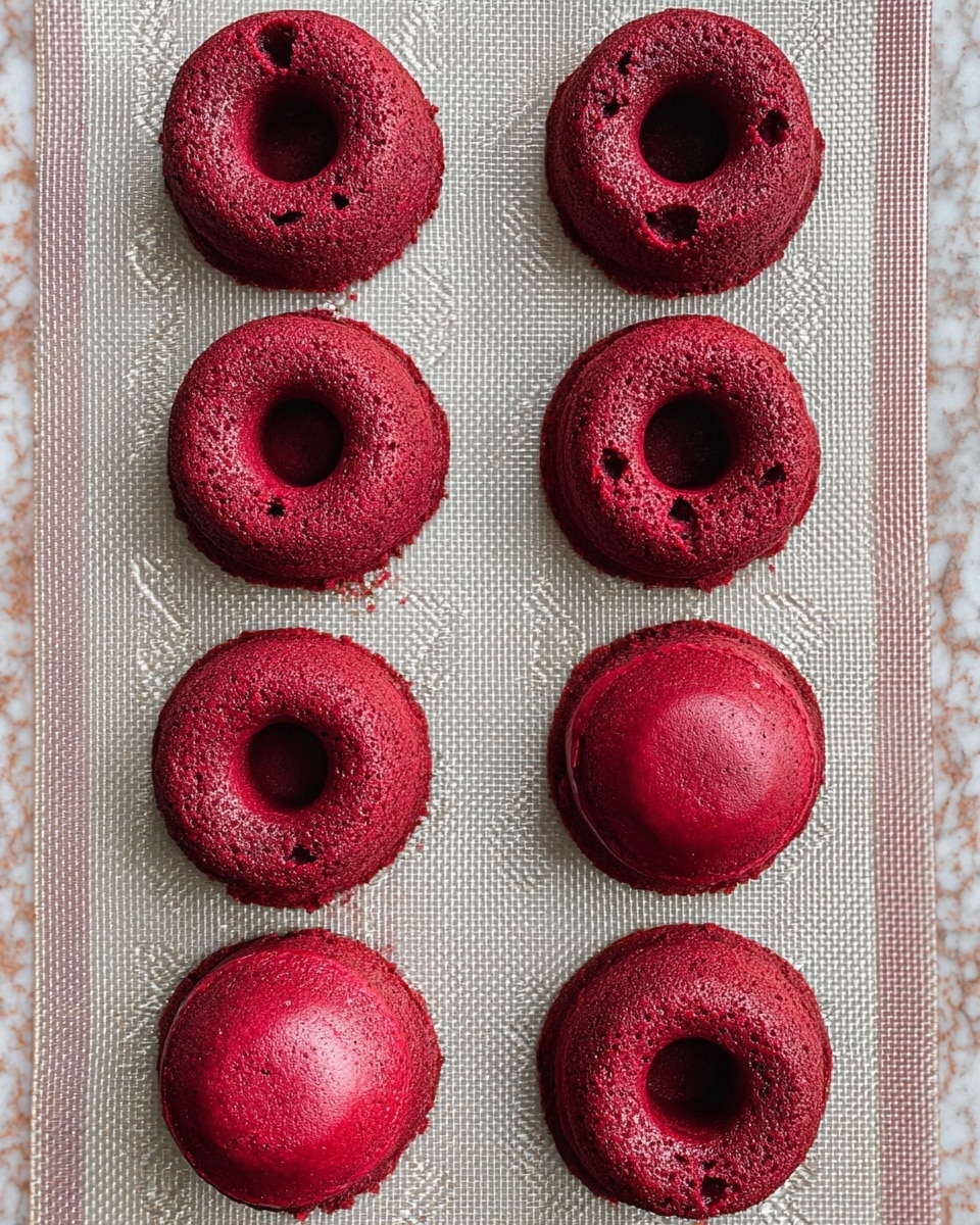 The image shows eight red velvet doughnut-shaped cakes arranged in two vertical rows on a white silicone baking mat with ring patterns. The cakes have a deep red color and a slightly rough texture with some small cracks on their tops. Four of the cakes have a hollow center, making them look like doughnuts, while the other four are rounded on top and solid. The surface they rest on is a white marbled texture. The photo is taken from above, showing the neat positioning and vibrant color of the cakes. Photo taken with an iphone --ar 4:5 --v 7