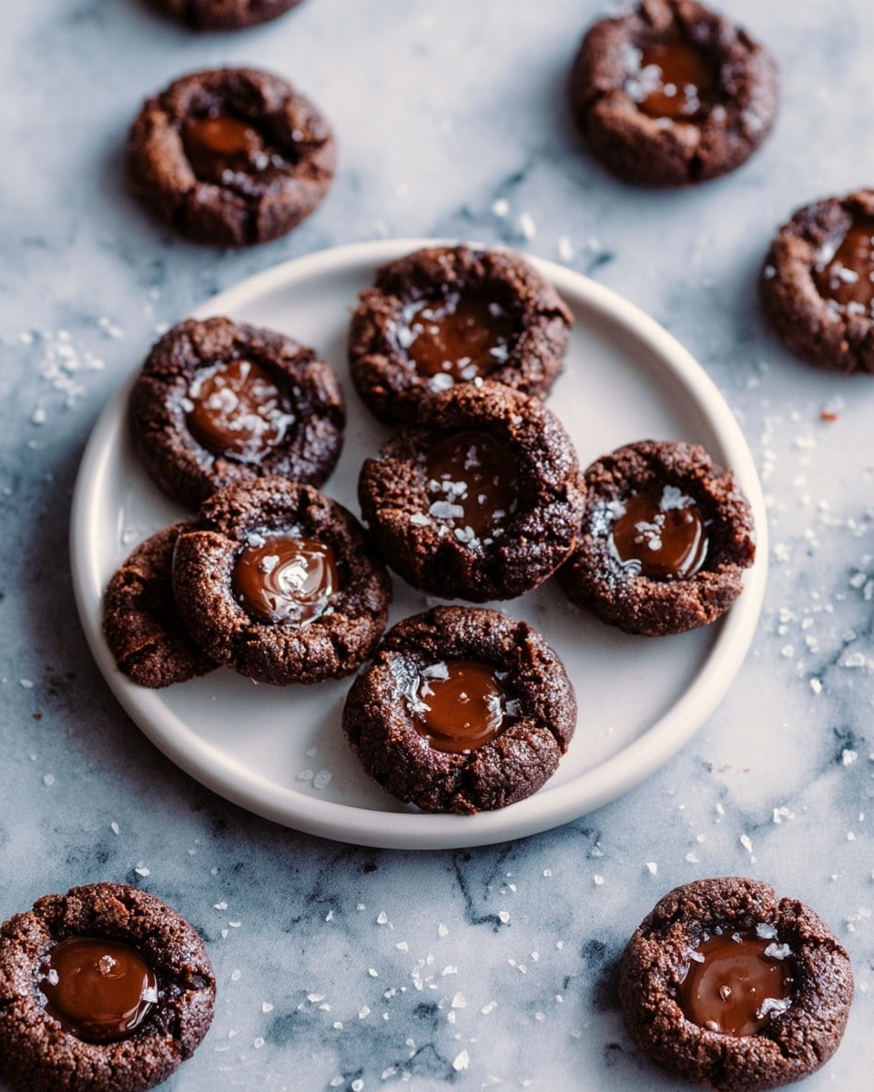 The image shows small dark brown chocolate cookies with a shiny melted chocolate center on a white plate and scattered around it on a white marbled surface. Each cookie has one deep indentation in the middle filled with melted chocolate that looks smooth and glossy. The cookies have a crackly, rough texture on the top and are round and small with some sprinkled light flakes on them. There are about five cookies evenly placed in a circle on the plate and ten more scattered casually on the surface around the plate. Photo taken with an iphone --ar 4:5 --v 7