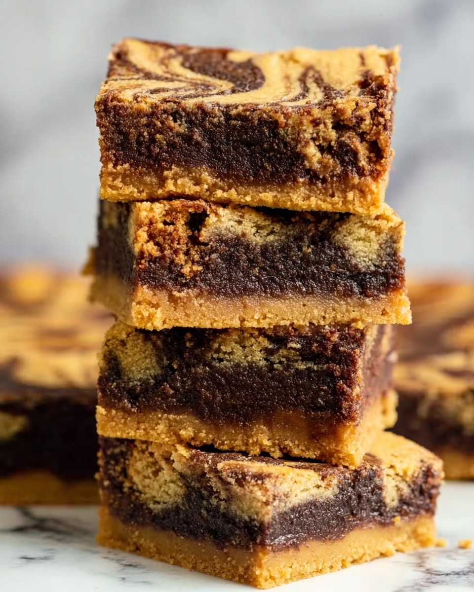 The image shows a stack of four thick square dessert bars with three visible layers. The bottom layer is a crumbly, golden-brown crust, the middle layer is dense and dark brown with a fudgy texture, and the top layer is a swirled mixture of light golden and dark brown, creating a marbled effect. The bars have rough, slightly crumbly edges and a textured top surface. The background features a white marbled texture. photo taken with an iphone --ar 4:5 --v 7
