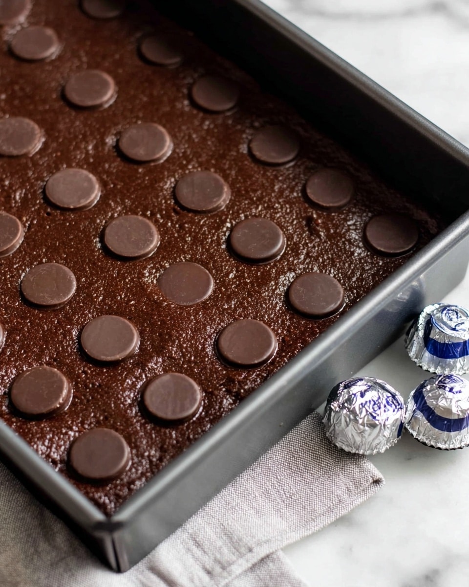 A close-up of a dark brown chocolate cake mix spread evenly in a black rectangular baking pan, with several round dark chocolate pieces placed in a grid pattern on top, partially submerged in the batter. The baking pan sits on a white marbled surface with a light gray cloth underneath on one side, and two silver-wrapped small round chocolates placed near the corner of the pan. photo taken with an iphone --ar 4:5 --v 7