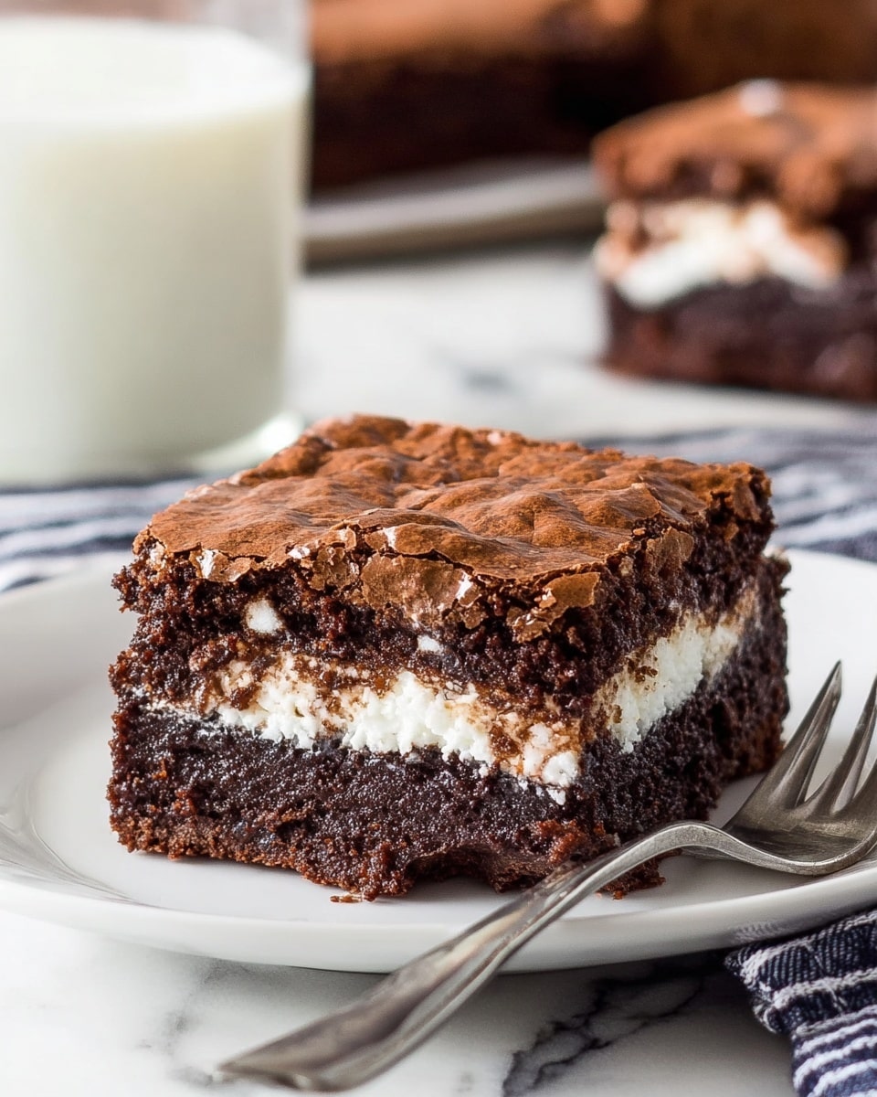 A close-up of a square brownie with two visible layers on a white plate, resting on a white marbled surface. The bottom layer is thick and dark brown with a moist, dense texture. The middle layer is bright white and creamy, sandwiched between the bottom brownie and the top layer. The top layer is a slightly cracked, dark brown crust with a chewy look. In the background, part of another brownie and a clear glass of milk can be seen. A metal fork lies next to the brownie on the plate. Photo taken with an iphone --ar 4:5 --v 7