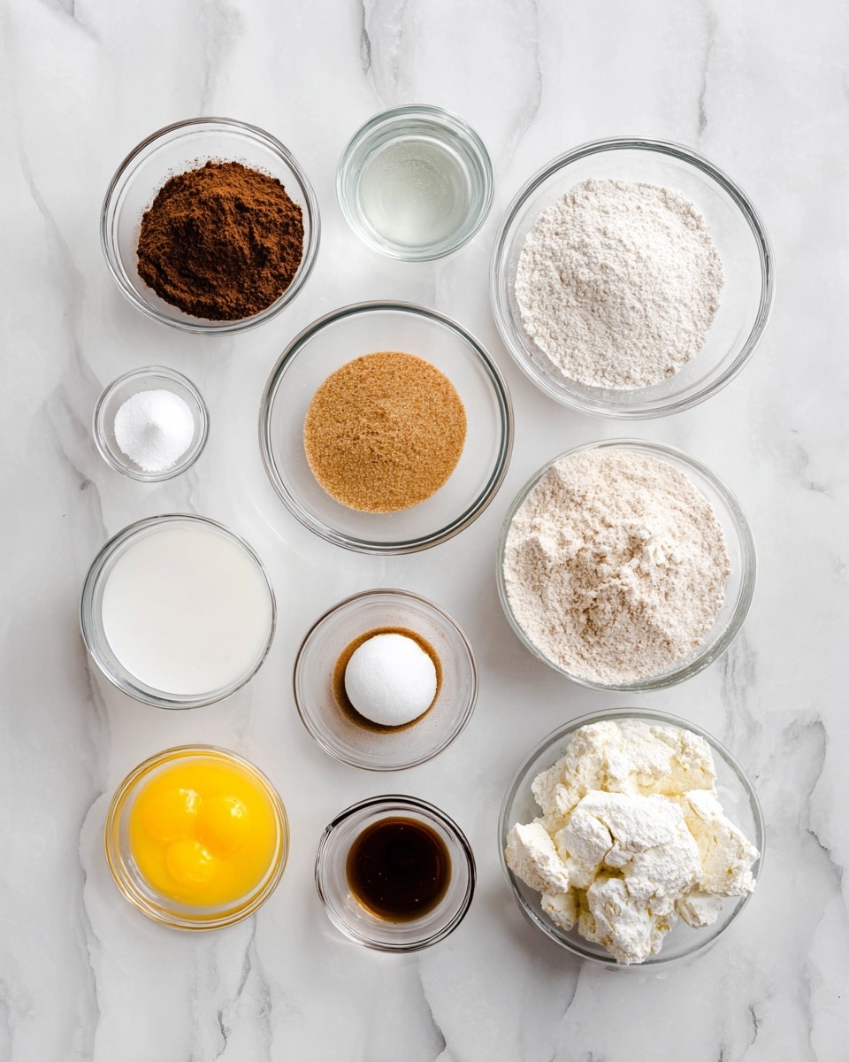 The image shows eleven small, clear glass bowls arranged on a white marbled surface, each with a different ingredient. The top left bowl holds a dark brown powder, followed by a round bowl with light brown sugar with a coarse texture. To its right is a bowl filled with a fine, white powder, and above it is a smaller bowl with clear water. In the middle left, a bowl contains a foamy white liquid, while below it a small bowl has a white round powdery ball. The bottom left bowl contains a bright yellow beaten egg mixture. To the right, a bowl holds chunky white flour, beside it another bowl has light brown sugar, and next to that is a small glass bowl with white powder, brown powder, and salt. At the bottom is a petite bowl filled with dark brown liquid. Photo taken with an iphone --ar 4:5 --v 7