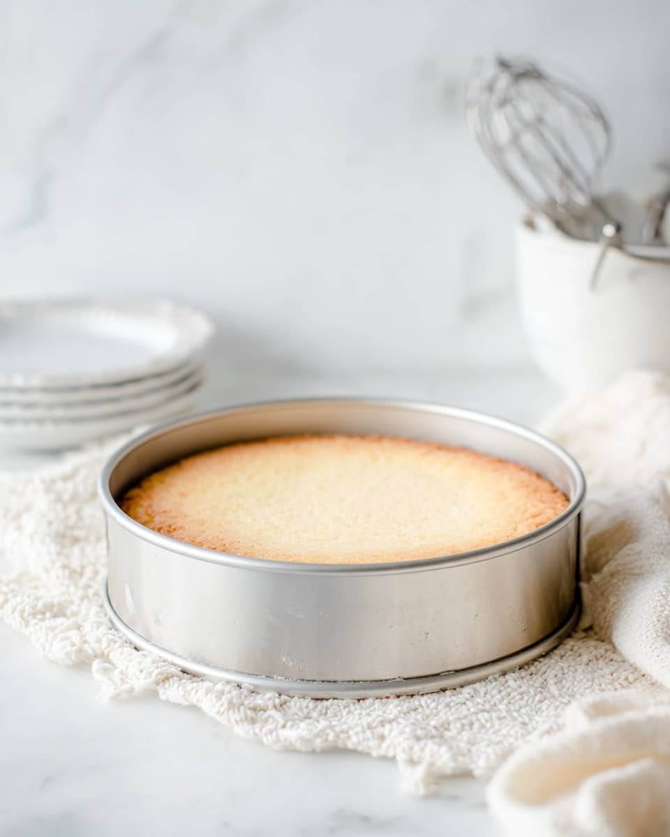 The image shows a round cake with one layer, still inside a silver springform pan. The cake has a smooth, light golden top with a slightly darker edge around it. The pan is placed on a white knitted cloth on a white marbled surface. In the background, there are blurred white plates stacked and a white bowl with metal hooks or whisks inside. To the right, a soft, white textured cloth is partly visible. The overall scene is bright and clean, with soft natural light. photo taken with an iphone --ar 4:5 --v 7