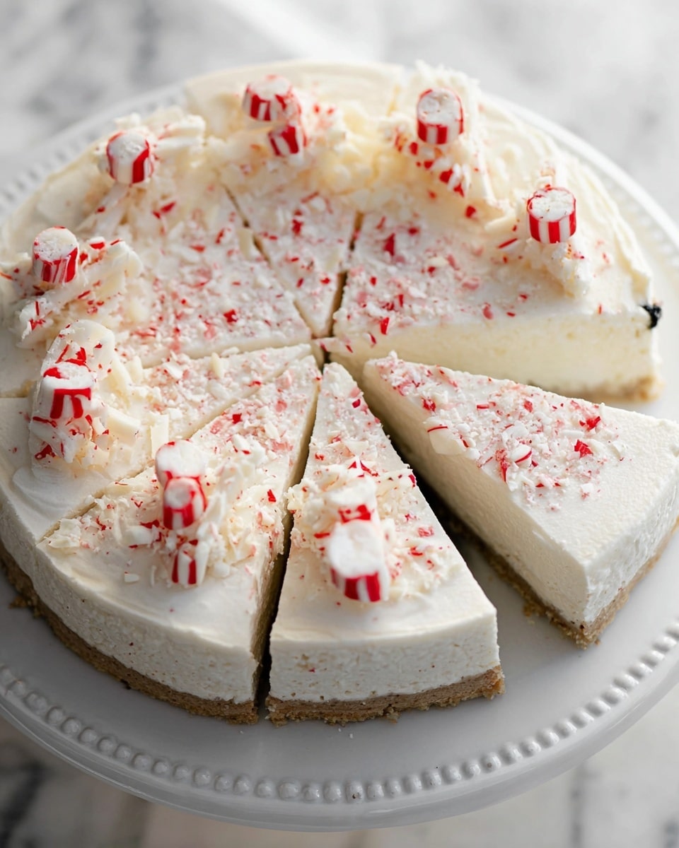 A round peppermint cheesecake sliced into eight equal pieces is placed on a white plate with a detailed edge. The cheesecake has two main layers: a light brown crust at the bottom and a thick white creamy layer on top. The white creamy layer is smooth with bits of crushed red-and-white peppermint throughout and on the edges. On top of the cheesecake, there are small white chocolate curls and larger red-and-white peppermint candies arranged mainly on one half, adding some texture and color. The plate is on a white marbled surface. photo taken with an iphone --ar 4:5 --v 7