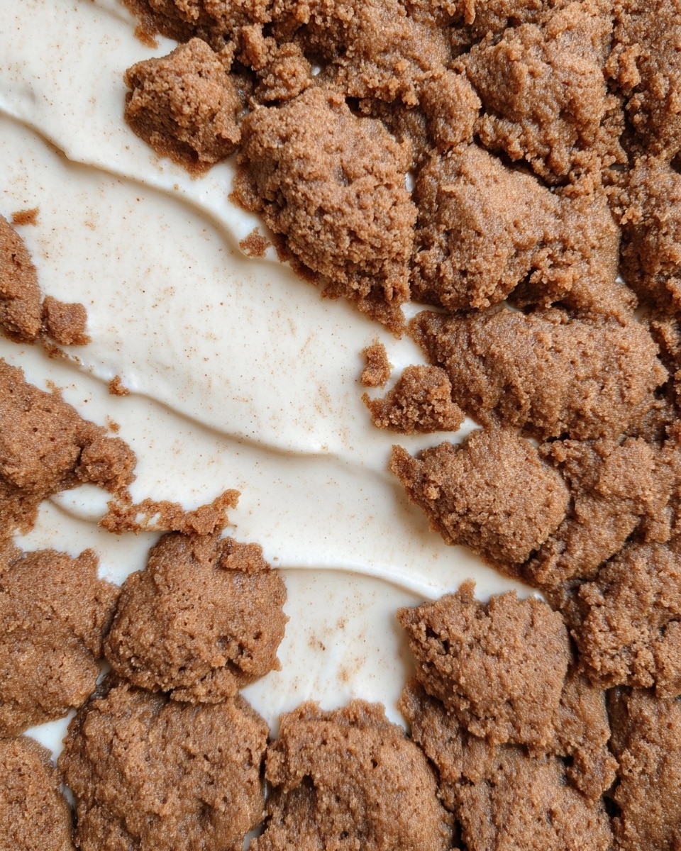The image shows a close-up view of a dessert with two layers: the base layer is a smooth, creamy white filling that looks soft and thick, spread evenly on a white marbled surface. On top, there is a rough, uneven layer of brown cookie dough clumps, scattered and partially touching each other, with a slightly crumbly and textured surface. The contrast between the creamy white filling and the tough brown dough creates a clear visual separation. photo taken with an iphone --ar 4:5 --v 7