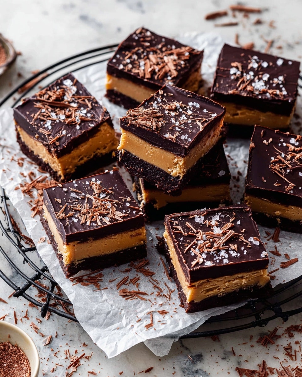 The image shows several square chocolate dessert bars arranged on a piece of parchment paper over a round black cooling rack. Each bar has three visible layers: a dark chocolate bottom layer, a thick creamy caramel middle layer in a soft golden color, and a shiny rich dark chocolate top layer. The chocolate layer on top is decorated with small chocolate shavings and coarse sea salt flakes scattered unevenly. Some bars are stacked or cut in half to show the layers clearly. The whole scene sits on a white marbled surface with extra chocolate shavings around, creating a textured and inviting look. Photo taken with an iphone --ar 4:5 --v 7