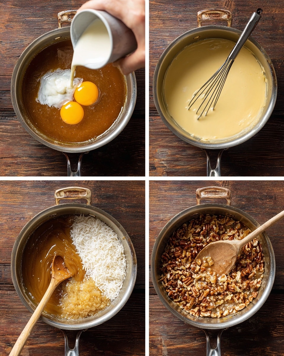 The image shows a step-by-step process of making a nutty caramel sauce in four sections. In the first section, a woman's hand is pouring cream into a silver saucepan containing two egg yolks, white sugar, brown sugar, and a dark liquid on a dark wooden surface. The second section shows a silver saucepan with the mixture being whisked into a smooth pale yellow and light brown creamy texture. The third section depicts the same silver saucepan with chopped nuts, shredded coconut, and a golden syrup poured side by side on the mixture. The fourth section shows a wooden spoon stirring the thick, caramel-colored mixture loaded with nuts and coconut in the silver saucepan, still on the dark wooden surface. Photo taken with an iphone --ar 4:5 --v 7