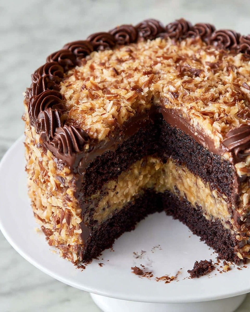 The image shows a two-layer chocolate cake on a white plate with a white marbled surface background. The bottom layer is dark, rich chocolate cake, topped with a light brown nut and coconut mixture layer that looks creamy and textured. Above this filling is another thick chocolate cake layer, topped again with a thick spread of the nut and coconut mixture, creating a rough, uneven surface. Around the edge of the top is a dark chocolate frosting border with swirls, adding a thick and creamy texture to the cake’s edge. The inside of the cake is slightly moist and crumbly where a slice has been taken out. Photo taken with an iphone --ar 4:5 --v 7