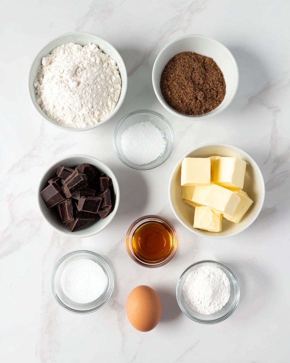 The image shows eight white bowls and one brown egg placed on a white marbled surface. At the top left is a bowl filled with white flour. To its right is a bowl with brown sugar, grainy in texture. Below the flour bowl is a small clear glass bowl containing white granulated salt. In the center is a white bowl filled with white granulated sugar. To the right side center is a small clear glass bowl with amber-colored vanilla extract. On the bottom left is a white bowl filled with dark chocolate chunks. In the center bottom is a single brown egg resting directly on the surface. To the right bottom is a white bowl with several square chunks of pale yellow butter. Below the vanilla extract is a small clear glass bowl containing a white powder, likely baking powder or soda. The arrangement is neat and in a loose grid pattern, all elements clearly visible and evenly spaced, on the smooth white marbled surface. photo taken with an iphone --ar 4:5 --v 7