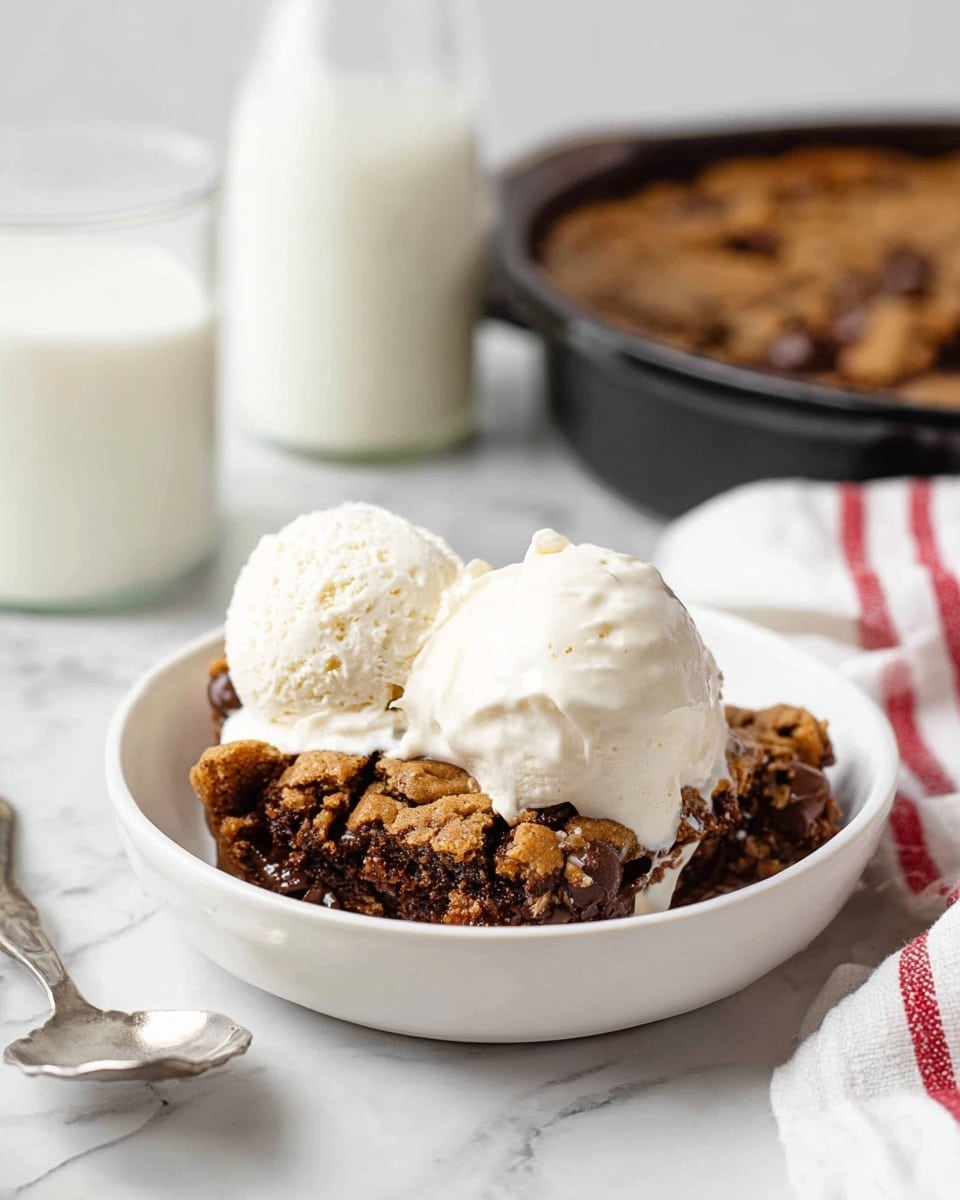 A white bowl holds a thick serving of warm dessert made of two main layers: a soft, crumbly layer of brown cookie dough mixed with dark chocolate chunks at the bottom, topped with two scoops of smooth, creamy vanilla ice cream that is slightly melting over the dessert. The bowl sits on a white marbled surface with a silver spoon to the left and a white cloth with red stripes at the bottom right. In the background, a black pan filled with the same cookie dough dessert and a glass bottle of milk stand blurred. Photo taken with an iphone --ar 4:5 --v 7