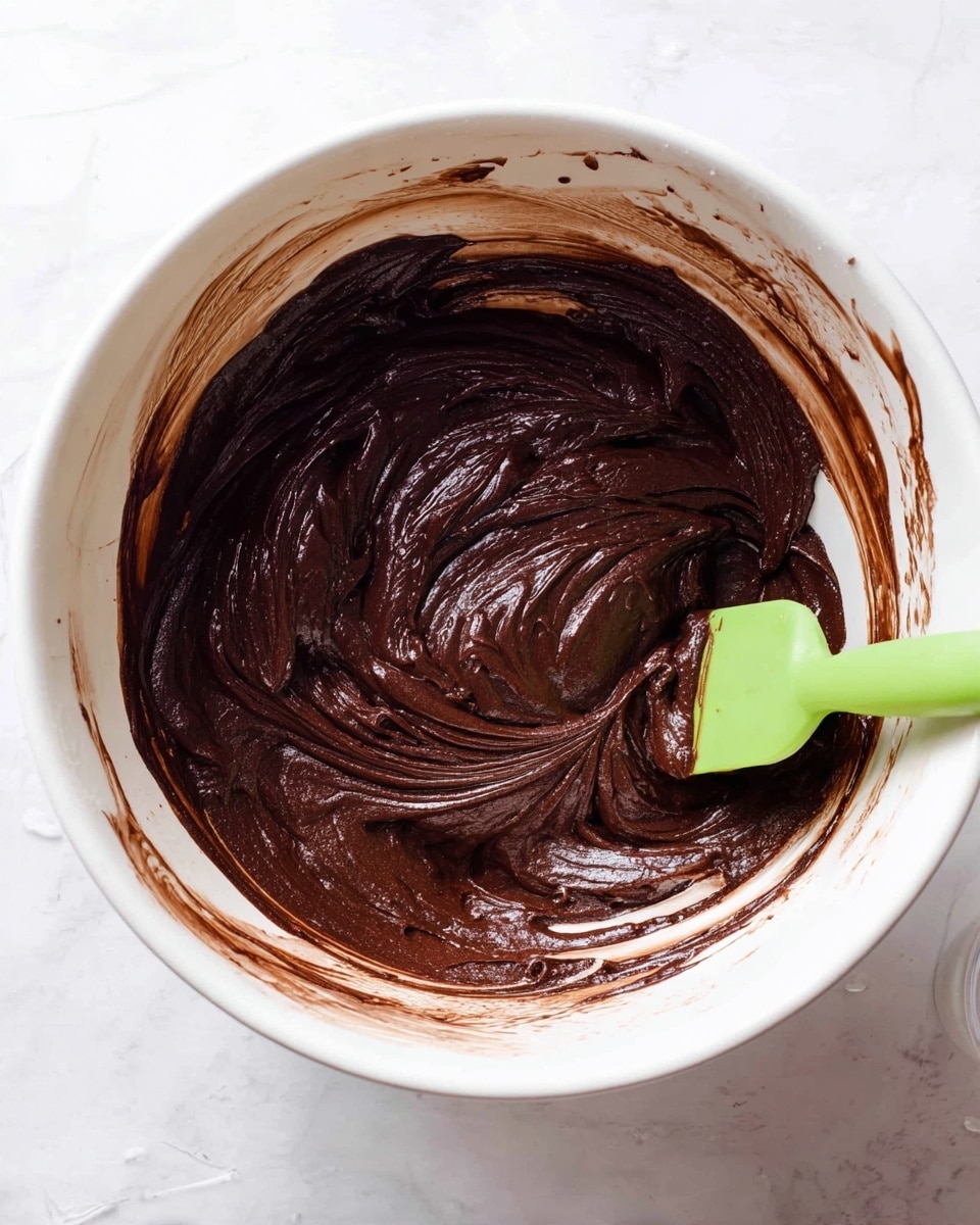 A close-up top view of a white bowl filled with a thick, dark brown chocolate mixture that has a shiny, smooth texture. The mixture is spread unevenly with swirl marks inside the bowl, which has streaks of chocolate along the sides. A green spatula with some chocolate on its edge rests inside the bowl, partially covered by the chocolate mix. The setting features a white marbled surface under the bowl. photo taken with an iphone --ar 4:5 --v 7
