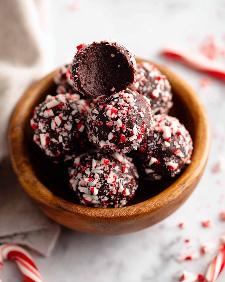 The image shows seven round chocolate truffles in a wooden bowl resting on a white marbled surface. Each truffle is dark brown and covered with a layer of crushed red and white peppermint pieces that add rough, crunchy texture and a festive color contrast. One truffle at the top of the bowl is bitten, showing a dense, smooth, rich chocolate inside with no layers. Around the bowl, a few candy canes and extra peppermint pieces are scattered softly blurred in the background. The overall scene is bright, clean, and sharp, with focus mainly on the truffles and their detailed coating. Photo taken with an iphone --ar 4:5 --v 7