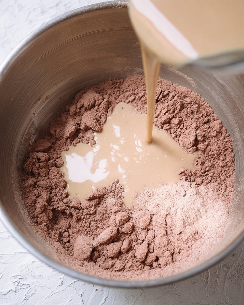 A close-up view inside a silver mixing bowl shows a dry layer of light brown cocoa powder with a rough texture covering the entire bottom of the bowl. On top, there is a pale beige liquid being poured in, creating a glossy wet patch that contrasts with the dry powder. The liquid is in motion, captured mid-pour, and is spreading unevenly over the powder, giving a smooth, shiny look where it lands. The background surface is white with a marbled texture. photo taken with an iphone --ar 4:5 --v 7