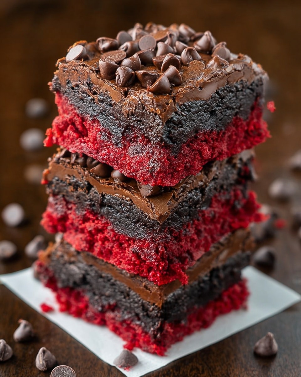 A close-up view of a stack of four brownies on a white square paper, each brownie showing three distinct layers: the bottom layer is bright red with a soft, crumbly texture, the middle layer is dark brown and dense, and the top layer is covered in generous melted chocolate topped with many small chocolate chips. The stack sits on a dark wooden surface with scattered chocolate chips around it. photo taken with an iphone --ar 4:5 --v 7