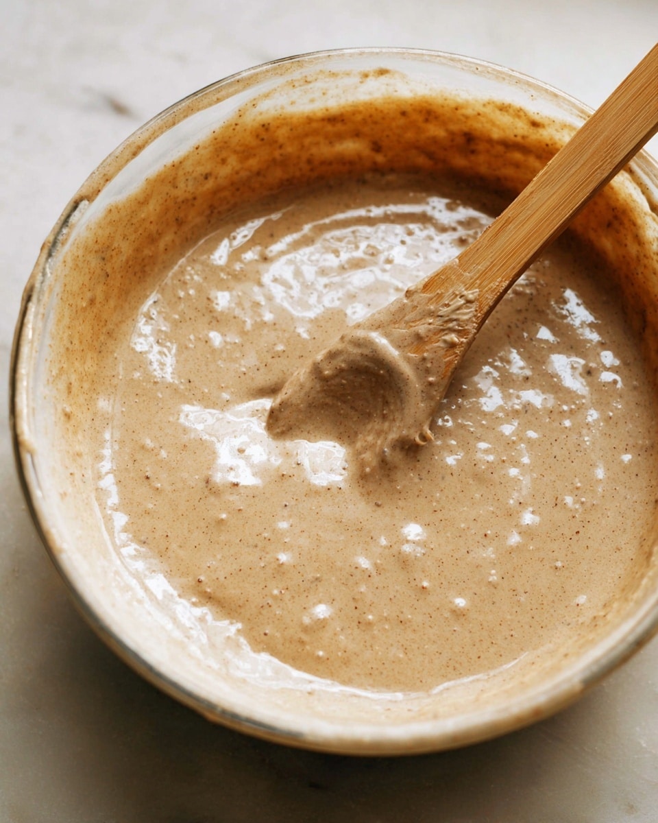The image shows a close-up of a glass bowl filled with a thick batter that is light brown with small specks throughout, creating a textured look. A wooden spoon rests inside the batter, partially covered with the mixture, the spoon's surface showing a slightly rough texture. The batter has a glossy surface with bubbles and a creamy consistency, and some batter is stuck on the inner side of the bowl near the top edge. The whole scene sits on a white marbled surface. Photo taken with an iphone --ar 4:5 --v 7