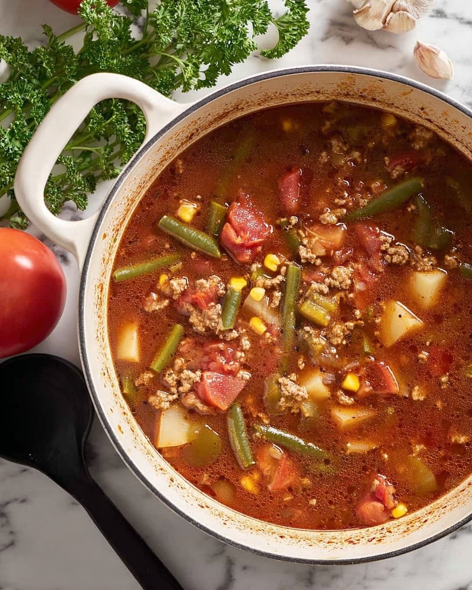 A white pot filled with a chunky soup showing several layers of ingredients: bright red tomato pieces floating in a rich, brownish-red broth, green beans cut into short lengths scattered throughout, small yellow corn kernels and bits of green peas adding color, small cubes of light yellow potato, and small uneven bits of light brown ground meat spread evenly. The inside of the pot has some brown residue near the top edge, suggesting cooking residue. Around the pot, there is fresh green parsley, a whole garlic bulb, a red tomato, and a black ladle on a white marbled surface. The lighting is natural and bright, showing all the details clearly. photo taken with an iphone --ar 4:5 --v 7