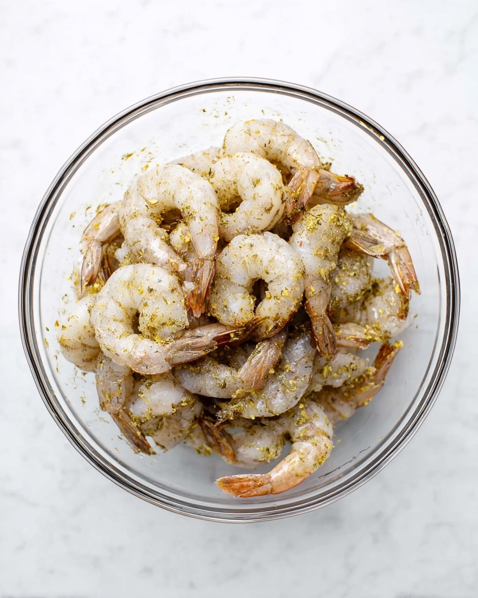 A clear glass bowl holds one layer of raw shrimp, each shrimp light gray with a slight pink tint, mixed with a sprinkle of greenish-yellow herbs and spices, giving a textured, somewhat oily look. The shrimp are arranged loosely with tails visible around the edges inside the bowl. The bowl sits on a white marbled surface, bright and clean. photo taken with an iphone --ar 4:5 --v 7
