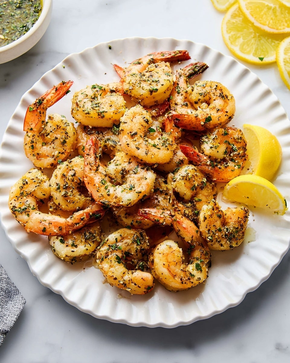 A white scalloped plate filled with around 20 cooked shrimp arranged closely together, each shrimp showing orange and light beige tones with specks of green herbs and black pepper on them. The shrimp look slightly shiny and have their tails on. A single lemon wedge rests on the right edge of the plate. The plate sits on a white marbled surface with partial views of lemon wedges and a white round bowl with green sauce on the left side. Photo taken with an iphone --ar 4:5 --v 7