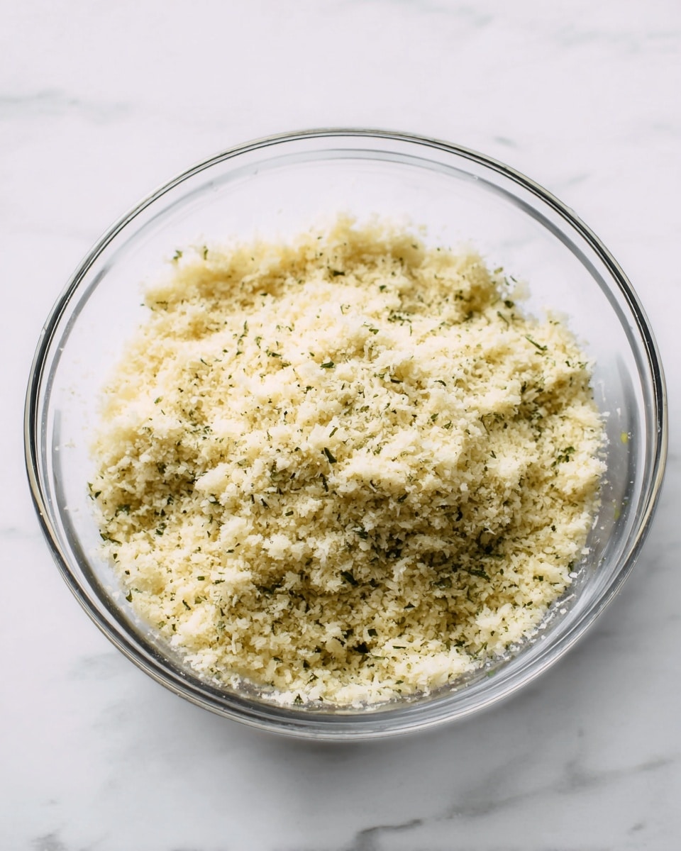 A clear glass bowl sits on a white marbled surface, filled with a crumbly mixture that looks like grated cheese mixed with herbs. The mixture is pale yellow with small green flecks evenly spread throughout. The texture appears coarse and dry, and the bowl has a shallow depth holding the mixture close to the surface. The photo is bright with soft natural light, focusing on the even texture and colors of the mixture. photo taken with an iphone --ar 4:5 --v 7