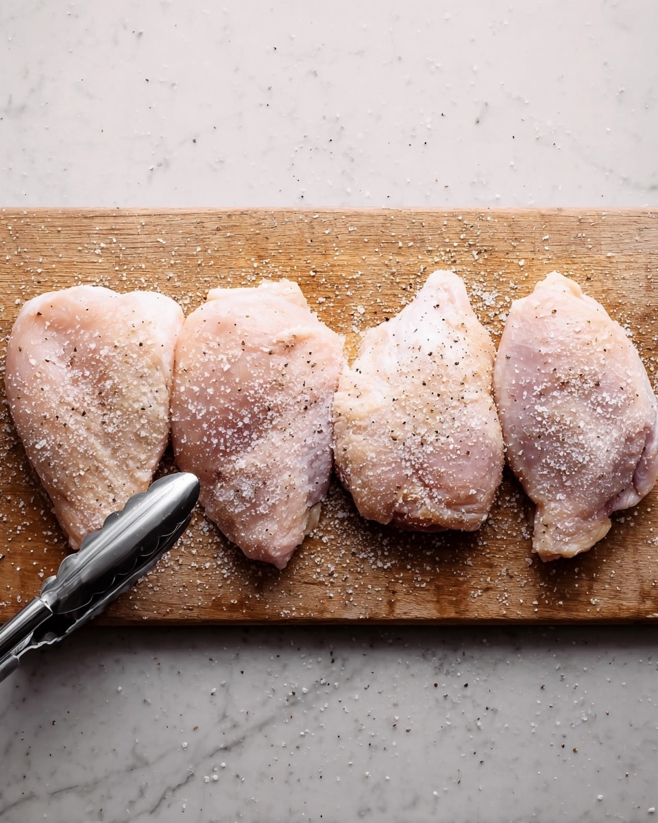 Four raw chicken pieces lie side by side on a light brown wooden cutting board placed on a white marbled surface. Each piece is pale pink with some white fat and is covered evenly with coarse white salt and a sprinkle of black pepper. A pair of silver tongs with black silicone ends holds the leftmost piece from the bottom. The image has soft, natural lighting highlighting the texture of the chicken and salt crystals. photo taken with an iphone --ar 4:5 --v 7