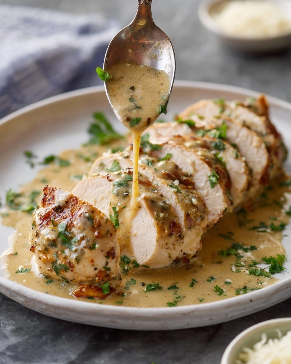 The image shows four thick slices of cooked chicken arranged in a neat row on a round white plate with some sauce pooling beneath them. The chicken is light beige with a slightly browned and textured outer layer, speckled with green herbs. A creamy, light tan sauce with small bits and herbs is being poured from a spoon above the chicken, adding a glossy shine to the top pieces. The chicken is garnished with fresh green parsley pieces scattered on top. The plate is set on a white marbled surface, and there is a blurred small white bowl with grated cheese in the bottom right corner of the image. Photo taken with an iphone --ar 4:5 --v 7