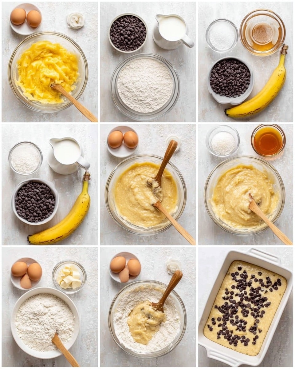 The image shows a step-by-step process of making banana chocolate chip bread batter on a white marbled surface. In the first row, from left to right, there is a white bowl with mashed yellow banana, a white pitcher with milk, a bowl of dark brown chocolate chips, a bowl of white flour, a glass bowl with raw eggs and sugar, two raw eggs in shells, and a small white bowl of honey, all arranged neatly. Next, the eggs and sugar are beaten together in a glass bowl, turning yellow and smooth. In the second row, mashed banana is added to the egg mixture, stirred together with a wooden spoon, then white flour is added on top as a dry layer. In the final row, the batter looks thick and creamy after mixing, chocolate chips are added and mixed in, then the batter is poured into a white rectangular baking dish, topped with more scattered chocolate chips. Photo taken with an iphone --ar 4:5 --v 7