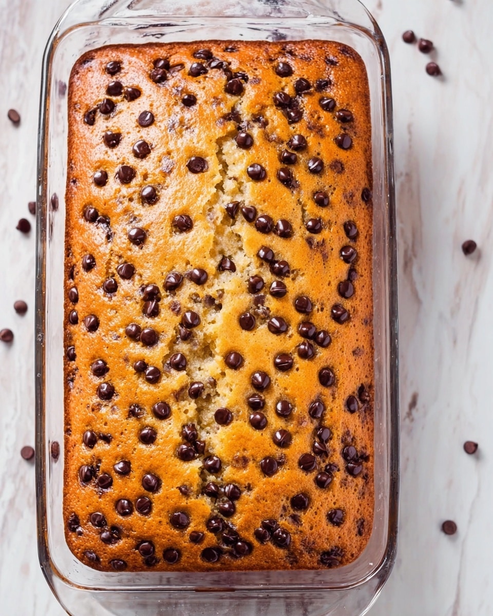 A rectangular baked cake with a golden brown top layer, studded generously with dark brown chocolate chips scattered unevenly across the surface, resting in a clear glass baking dish. The cake has a slightly bumpy texture and appears soft and moist, filling the dish completely. The dish is placed on a white marbled surface with a few chocolate chips sprinkled around it. Photo taken with an iphone --ar 4:5 --v 7