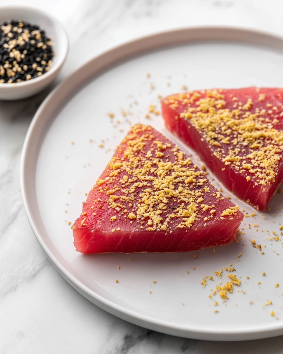 Two triangular pieces of raw pink tuna are placed side by side on a large white plate. Each tuna piece is topped with a sprinkling of yellow and light brown crushed seeds or spices, adding texture and contrast on the smooth raw fish. The plate sits on a white marbled surface, and a small white bowl holding black and white sesame seeds is nearby, slightly out of focus. The simple presentation highlights the freshness of the tuna and the seasoning on top. photo taken with an iphone --ar 4:5 --v 7