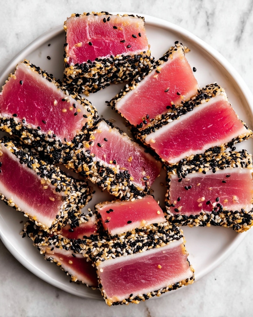 The image shows a white round plate with pieces of seared tuna arranged on it. The tuna is sliced into thick rectangular strips with a bright pink center that looks fresh and tender. Each strip is coated on the edges with a thick layer of black and white sesame seeds, giving a textured and crunchy appearance. The plate itself is set on a white marbled surface. photo taken with an iphone --ar 4:5 --v 7