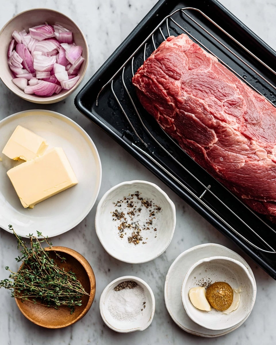 A large piece of raw red meat rests on a black wire rack inside a black baking tray in the top right of the image. Around the tray are small white bowls and plates on a white marbled surface. One white bowl contains chopped red onions, a white plate holds a block of butter, another white bowl has coarse salt, and there is a small brown bowl with minced garlic and one with black pepper. A small wooden bowl holds a sprig of fresh green thyme. The arrangement is clean and organized with a focus on the raw meat and ingredients. Photo taken with an iphone --ar 4:5 --v 7