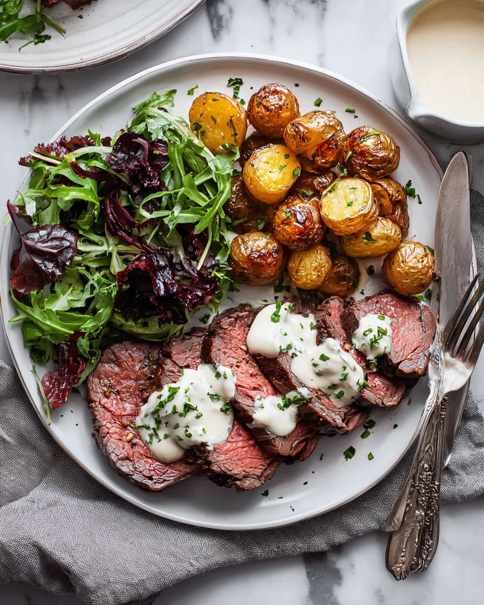 A white plate sits on a white marbled surface, holding three main sections: on the right, four thick slices of medium-rare roast beef with a dark brown crust, topped with white creamy sauce and sprinkled with chopped green herbs; above the beef, a pile of small golden-brown roasted potato halves with a crispy texture; on the left, a fresh mix of green and deep purple leafy salad with different shapes and textures. A knife and fork rest on the right side of the plate over a grey cloth napkin, and part of a white bowl with more sauce is visible in the top right corner. Photo taken with an iphone --ar 4:5 --v 7
