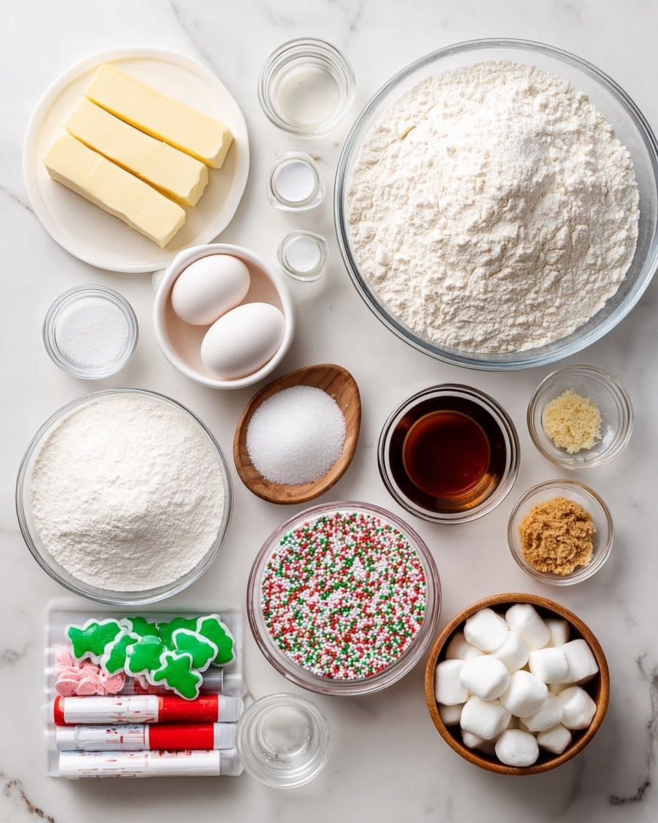 The image shows a top view of baking ingredients arranged neatly on a white marbled surface. There are two large clear glass bowls, one filled with white flour and the other with white powdered sugar, placed beside each other. To the left, a white plate holds two sticks of pale yellow butter, and a small glass container with a white liquid is nearby. Below the flour, a small white bowl filled with white granulated sugar is visible. Two white eggs rest in a small wooden bowl above the flour. Next to the eggs, there are two small clear glass bowls with white salt and brown vanilla extract. To the right of the powdered sugar, a white bowl contains colorful sprinkles including pink, green, red, white, and blue shapes. Below it, a small wooden bowl filled with white round candies sits near four tubes of icing in red, green, and white. A white bowl with small brown sugar crystals is also present in the top right corner. All items are placed closely with clear detail and no clutter visible, photo taken with an iphone --ar 4:5 --v 7