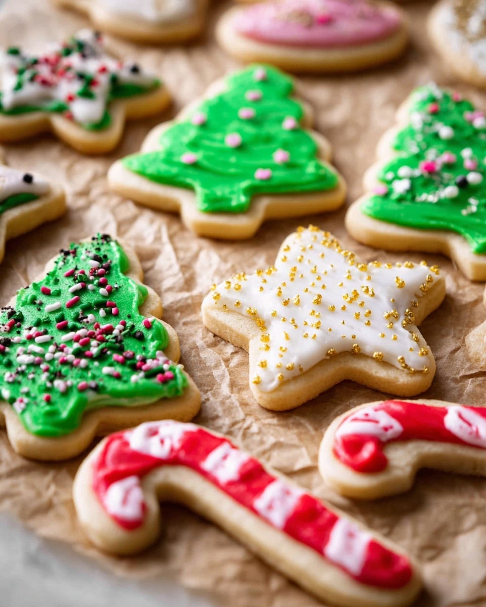 The image shows several Christmas cookies placed on crinkled brown parchment paper over a white marbled surface. The cookies are mostly shaped like Christmas trees, stars, and candy canes. Each cookie has two layers: a soft golden-brown base and a smooth layer of brightly colored icing on top. The Christmas tree cookies have green icing decorated with different small sprinkles of white, pink, red, and green colors. The star-shaped cookie in the center has white icing covered with small golden round sprinkles. The candy cane cookies have red and white striped icing, resembling the candy cane pattern. The photo is bright and clear, showing the detailed texture of the icing and sprinkles, photo taken with an iphone --ar 4:5 --v 7