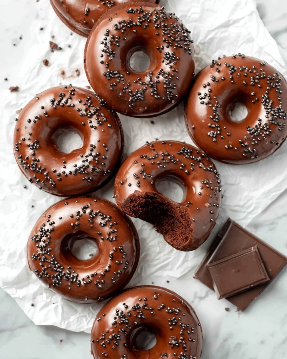 There are seven chocolate donuts with a smooth, shiny dark brown glaze, each topped with small black round sprinkles. Six donuts are placed flat on white crumpled parchment paper, and one donut in the center is broken in half showing a dense, moist chocolate inside. Also, two pieces of dark chocolate squares are placed near the bottom right corner. All items rest on a white marbled surface. photo taken with an iphone --ar 4:5 --v 7
