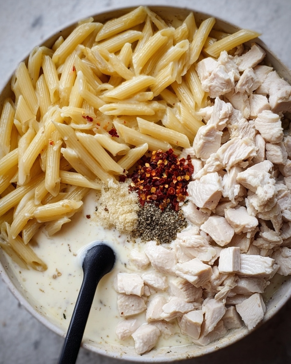 The image shows a close-up of a round white bowl filled with four distinct layers. On the left side, there is a layer of plain light yellow penne pasta arranged neatly. On the right side, there is a layer of diced cooked white chicken pieces. Below these two layers is a creamy white sauce with a smooth texture. On top of the sauce in the center, there are three small piles of seasonings: black pepper, white salt, and red chili flakes, each with a coarse texture. A black plastic spoon rests on the left side inside the bowl. The bowl is placed on a white marbled surface. Photo taken with an iphone --ar 4:5 --v 7