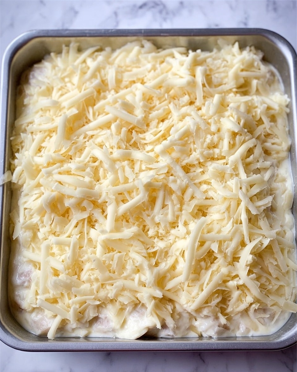 A square metal baking pan filled with a dish that has two main visible layers: a bottom layer of white sauce or cream with soft pieces of pale white meat spread evenly, and a thick top layer covered with shredded pale yellow cheese that is loosely scattered all over. The background is a white marbled texture. photo taken with an iphone --ar 4:5 --v 7