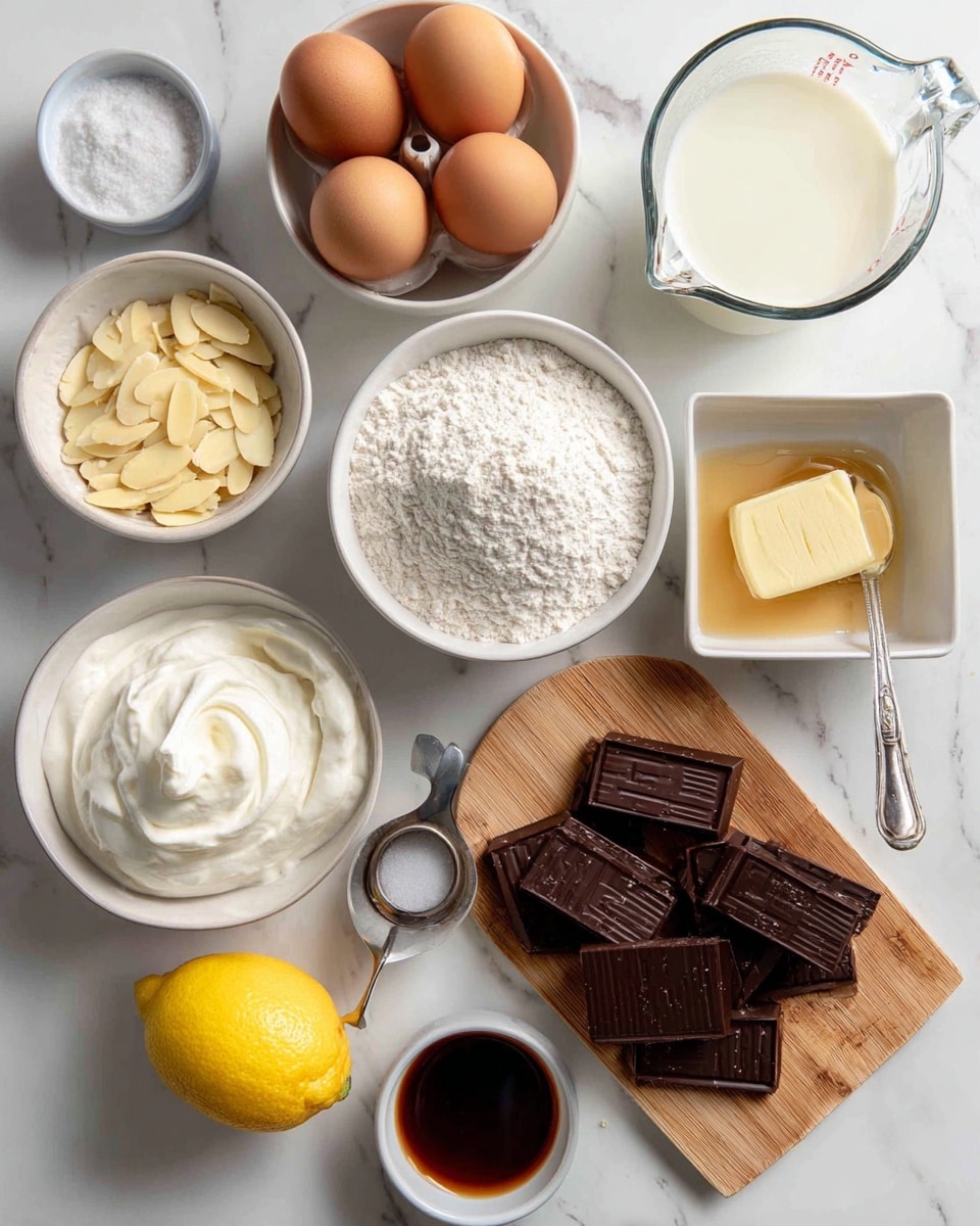 The image shows a white marbled surface with various baking ingredients arranged neatly. On the top right, there is a clear measuring cup filled with whole milk. Next to it, a white bowl holds cake flour, fine and white. To the left, a white bowl contains six brown eggs. Below the eggs, there is a metal measuring cup with white whipping cream, smooth and glossy. Slightly above and to the left, a small white bowl shows sliced almonds, thin and pale. Beside the almonds, several squares of dark chocolate are placed on a wooden board. On the far left, a small white bowl holds white sugar. Above this, a small white square dish contains vanilla extract, light amber in color. A whole lemon with yellow zest rests near the center. Next to the lemon, a spoon with dark rum is placed. The wooden board under the chocolate and almonds adds a natural tone to the white marbled background. The layout is clear and ordered, showing each ingredient distinctly. photo taken with an iphone --ar 4:5 --v 7